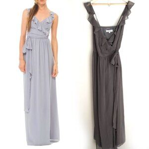 Ceremony by Joanna August “Lacey Wrap Dress” Gray Long Bridesmaid Evening Gown